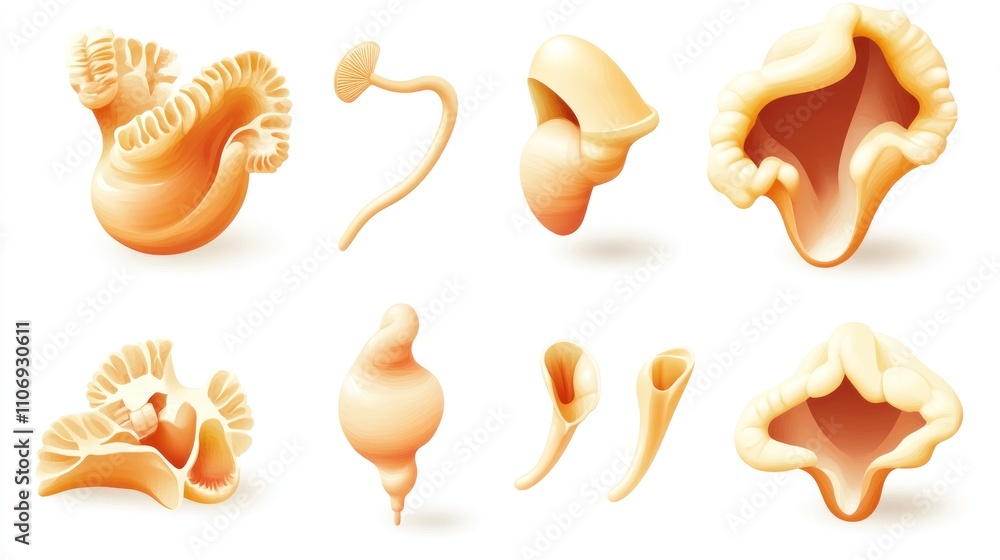Poster a collection of various shell shapes in soft colors, ideal for design or illustration use.