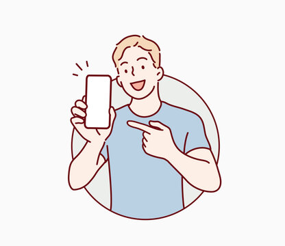 Man with smartphone in hand show empty display. Hand drawn style vector design illustrations.