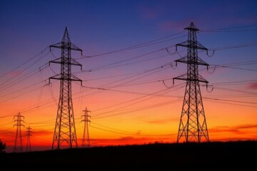 Electric Towers Silhouetted Against A Vibrant Sunset Sky