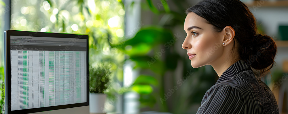 Aufkleber woman reviews data spreadsheet on computer screen in office setting