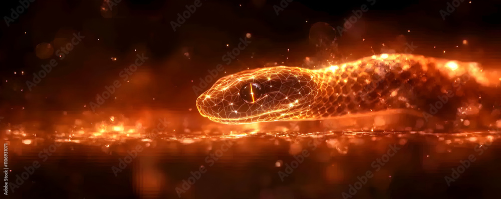 Poster fiery snake digital art: an abstract 3d render of a serpent illuminated by embers, glowing intricate