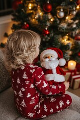 A young child in cozy red pajamas holding a Santa Claus plushie, sitting beside a decorated Christmas tree, warm candlelight, evening indoor shot, medium close-up 2
