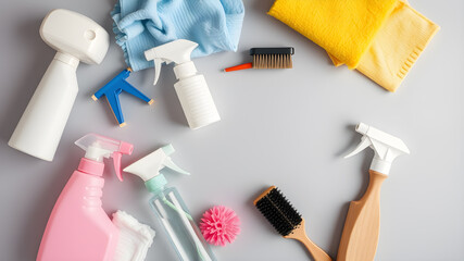 Various accessories cleaning products, sprays, rags, sponges and brushes. Top view, flat lay, copy space. Generative AI