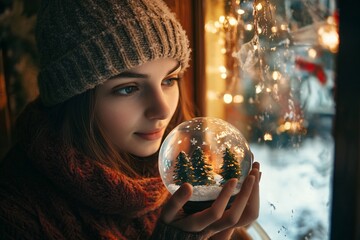 Naklejka premium A vintage-style girl wearing a knitted hat and scarf, holding a snow globe, standing next to a snowy window with Christmas decorations, soft light reflecting the holiday spirit 4