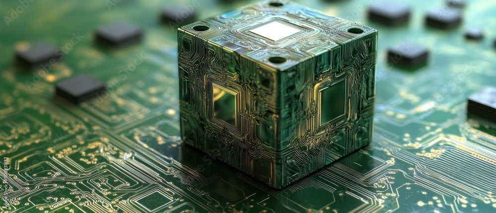Poster futuristic cubic microchip on circuit board