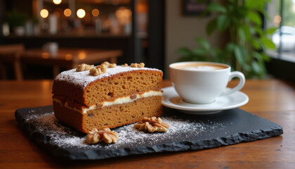 Carrot cake slice with latte on slate plate in cozy cafe