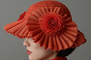 Vibrant red hat adorned with intricate floral design showcases innovative fashion at a design exhibition