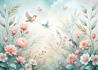 Flowing Watercolor Plants and Birds in a Minimalist Style Embracing Nature's Beauty with Vibrant Colors and Soft Textures for a Serene Atmosphere in Art Photography