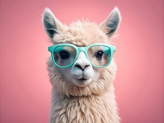 Fototapeta premium Fluffy Alpaca Wearing Bright Sunglasses with a Whimsical Expression Set Against a Soft Pastel Pink Background, Perfect for Fun and Quirky Animal-Themed Stock Photos