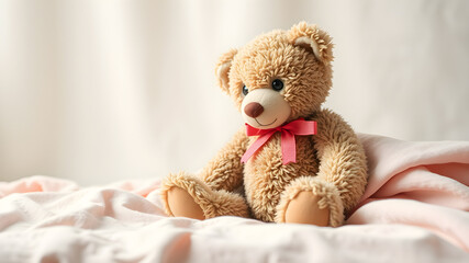 Vintage-style teddy bear sitting on a pastel blanket, soft lighting, white space on top for text. Generative AI