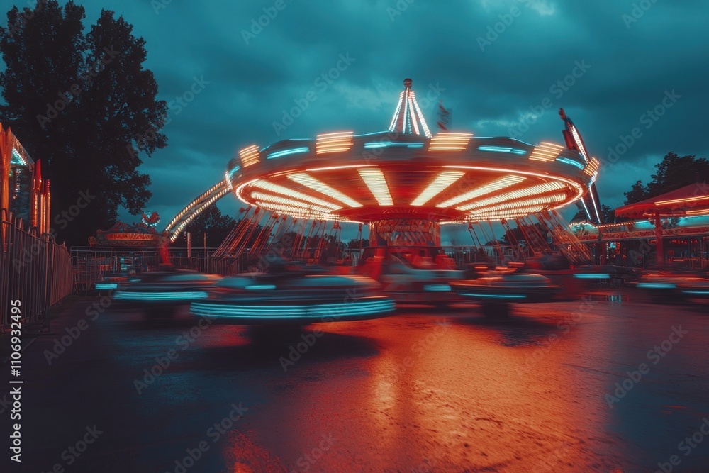 Aufkleber a vibrant carousel spins under a moody sky, illuminated by colorful lights.