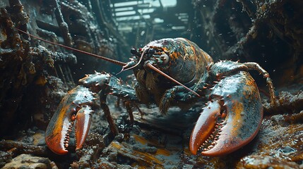 A detailed underwater scene features a large lobster among shipwreck debris, showcasing vibrant colors and marine textures.