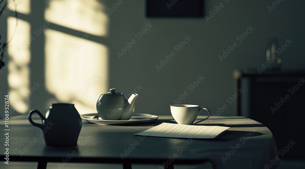 Aufkleber a serene tea setting with a teapot, cup, and paper on a softly lit table.