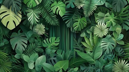 Fototapeta premium A vibrant arrangement of various green leaves, showcasing a lush, tropical foliage background.