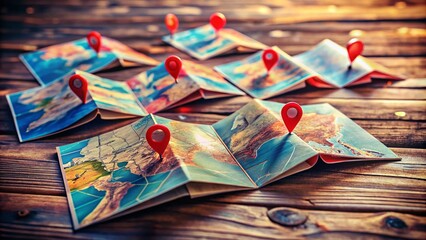 Folded Maps Navigation with Red Point Markers Showcasing Tilt-Shift Photography Technique for a Unique Perspective on Travel and Exploration
