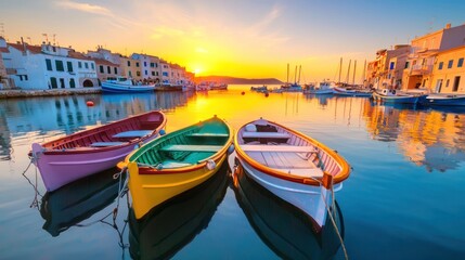 Fototapeta premium A serene sunset illuminates colorful boats moored in a tranquil harbor, reflecting vibrant hues on calm waters against charming coastal buildings.