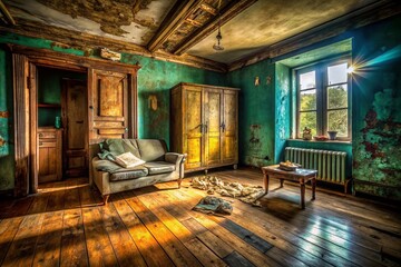Fragment of a Living Room Capturing Poverty and Devastation with Old Wooden Floor, Peeling Paint, and a Dilapidated Wardrobe in a Somber Atmosphere