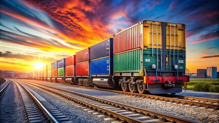 Fototapeta premium Freight Train Transporting Cargo Containers on Rails, Isolated with Copy Space on a Smooth Gradient Background for Transport and Logistics Concepts in Stock Photography
