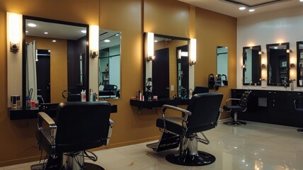 Modern barbershop interior with stylish chairs and mirrors. (1)