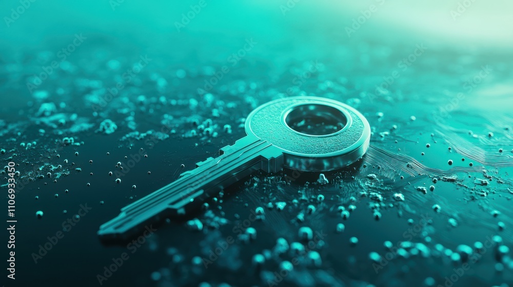 Poster a close-up of a key resting on a wet surface, illuminated with a blue-green hue.
