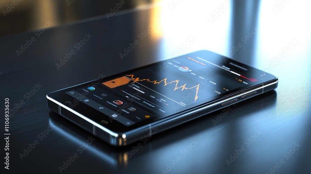 Poster smartphone displaying stock market graph on a dark surface.
