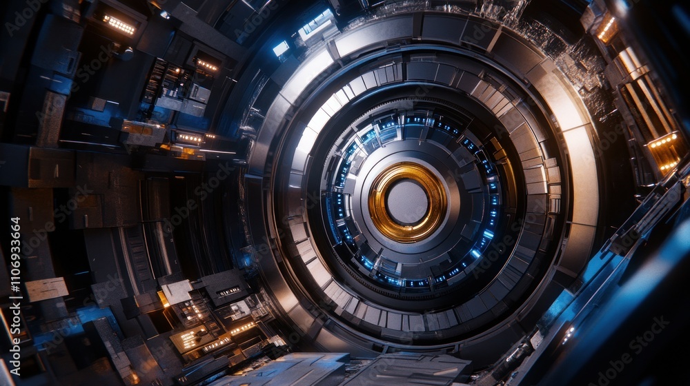 Poster a futuristic, circular technological structure with intricate details and glowing elements.