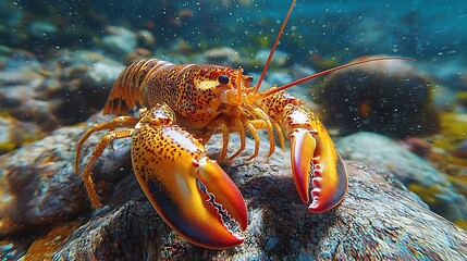 A colorful lobster resting on rocky sea bed, showcasing its large claws and vibrant markings in a clear underwater scene.