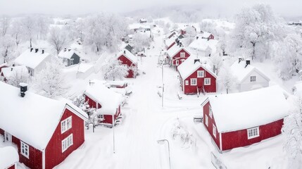 A serene village blanketed in snow, featuring charming red houses amidst a winter wonderland landscape.