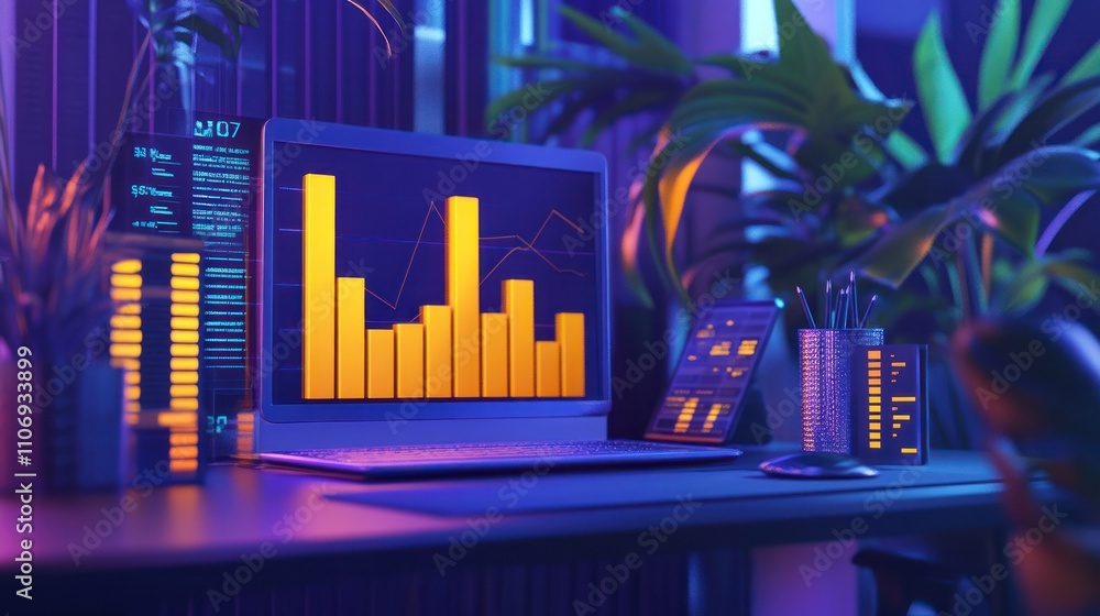 Poster A modern workspace featuring data visualizations on screens.