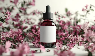 Dark Glass Bottle With Blank Label Surrounded By Pink Flowers