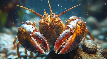 A vibrant underwater image of a lobster showcasing its distinctive claws and textured shell.
