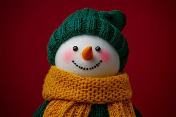 A cheerful snowman with a green knit hat and a cozy yellow scarf, rosy cheeks, bright orange carrot nose, set against a deep red background, close-up view 1