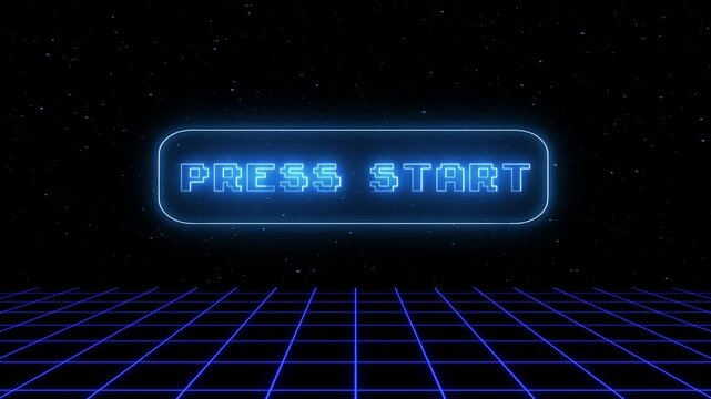 Blue perspective grid, home retro video game screen with written text "press start" in pop-up window. Animated clip with grid