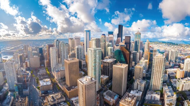 Aerial view of a bustling city skyline with modern skyscrapers, blue skies, and scattered clouds, showcasing urban architecture and vibrant city life. - Powered by Adobe