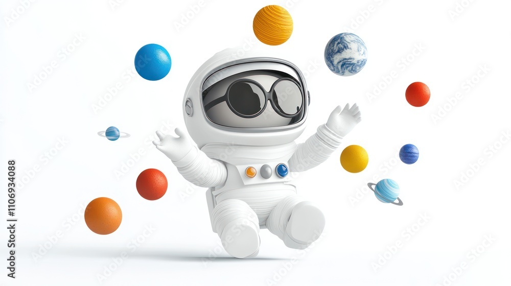 Poster a cheerful astronaut juggling colorful planets in a whimsical space scene.