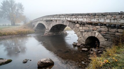 Fototapeta premium A foggy scene featuring a stone bridge arching over a calm river, surrounded by lush greenery, evoking a serene atmosphere.