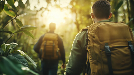 Exploring lush rainforest, two hikers enjoy warm sunlight