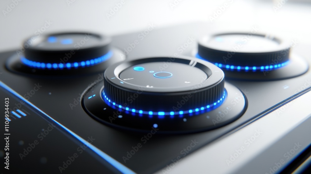 Fototapete Close-up of a modern control panel with illuminated knobs for precise adjustments.