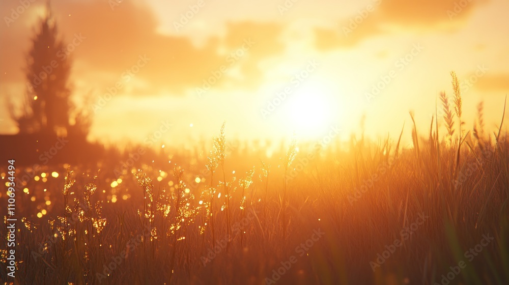 Poster a serene sunset over a field, casting warm light on tall grass and creating a tranquil atmosphere.