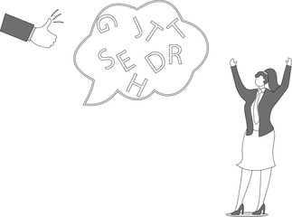 Big hand giving a thumbs up gesture to a businesswoman talking with speech bubble