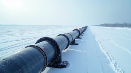 Massive pipelines snaking through icy landscape in frozen tundra, showcasing industrial strength and beauty