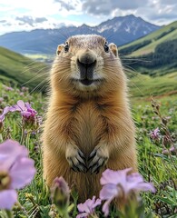A curious marmot stands amidst blooming flowers against a backdrop of mountains, embodying the beauty of nature in a serene landscape.