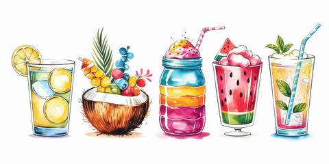 Colorful cocktails with cake, candy, and flowers in a gift box for a festive celebration, perfect for a birthday or holiday party