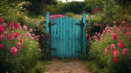 A bright teal wooden gate with rustic charm, surrounded by lavender and pink hollyhocks, the scene illuminated by soft afternoon light, a calm countryside retreat captured in vivid detail, hd quality,