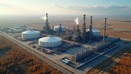 Aerial view of a natural gas refinery with processing units and storage tanks set against an expansive landscape
