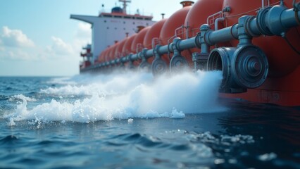 Fototapeta premium Close-up of liquefied natural gas transfer from tanker with icy vapors and ocean backdrop