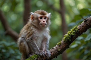Obraz premium Adorable Young Monkey Perched on a Tree Branches in a Bright Green Forest