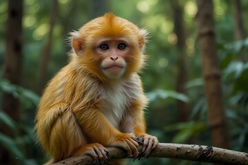 Fototapeta premium Cute yellow monkey sitting on bamboo branch in lush green forest