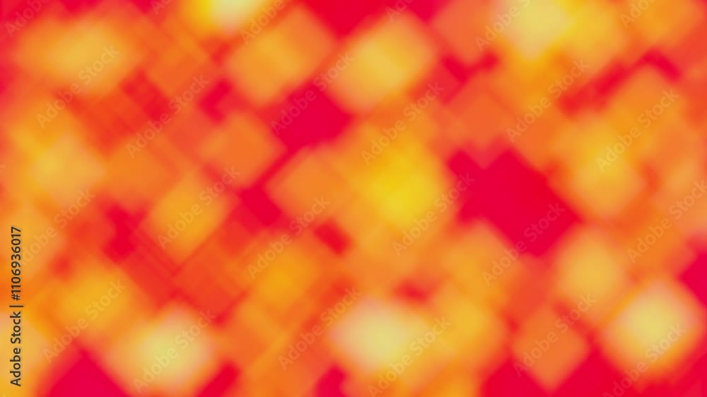 Poster a red background with orange squares. the squares are blurry and overlapping