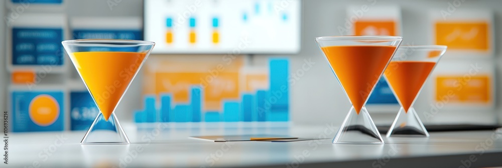 Poster three orange drinks in clear glasses against a backdrop of business charts and graphs.